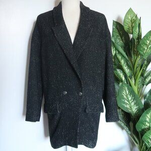 Zara Black Speckled Tweed Double Breasted Oversized Longline Blazer Jacket XS